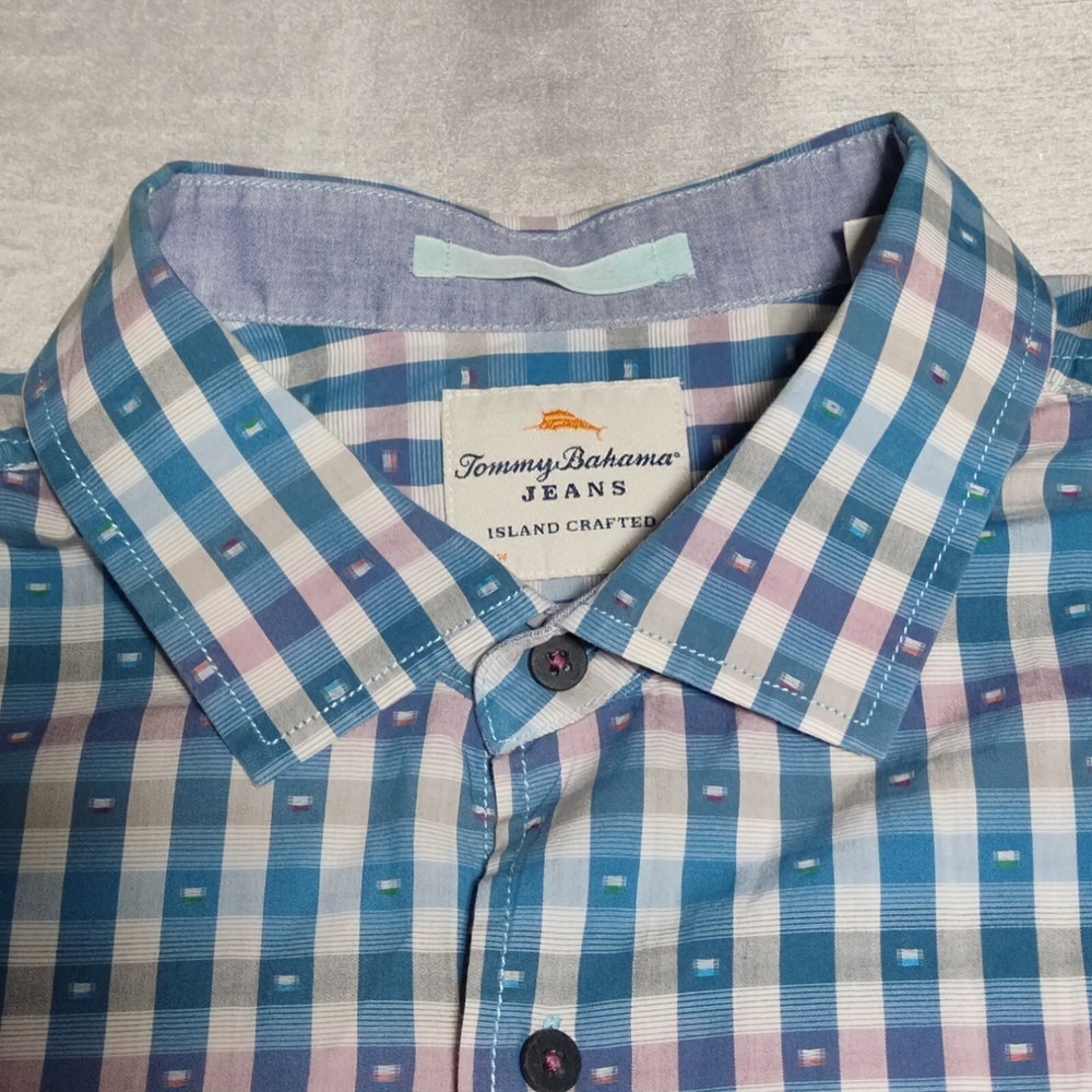 TOMMY BAHAMA JEANS ISLAND MODERN‎ FIT Men XL Blue Geo Check Cotton Shirt EUC - Picture 4 of 15